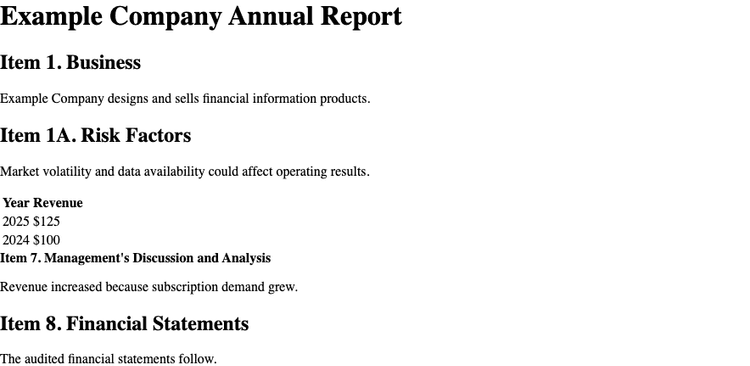 Rendered sample SEC filing with a revenue table